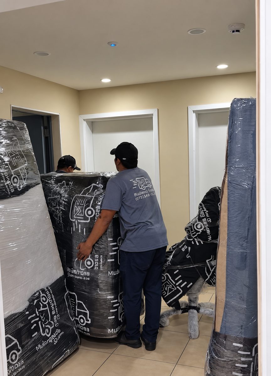 Equipe uniformizada da Mudanças Espinosa carregando móveis embalados