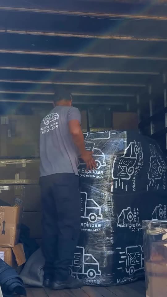 Carga sendo organizada e encaixada dentro do baú do caminhão de mudança